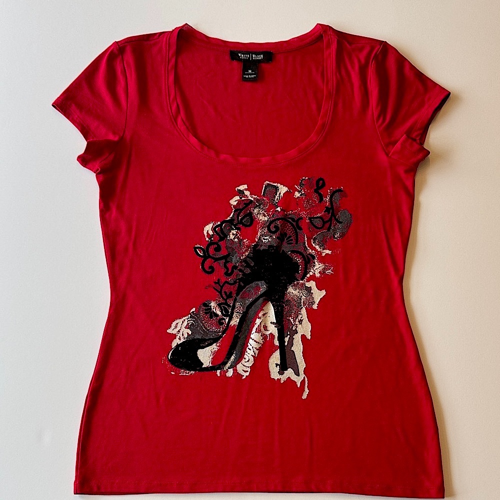 WHBM Red Graphic Tee with High Heel Shoe Design